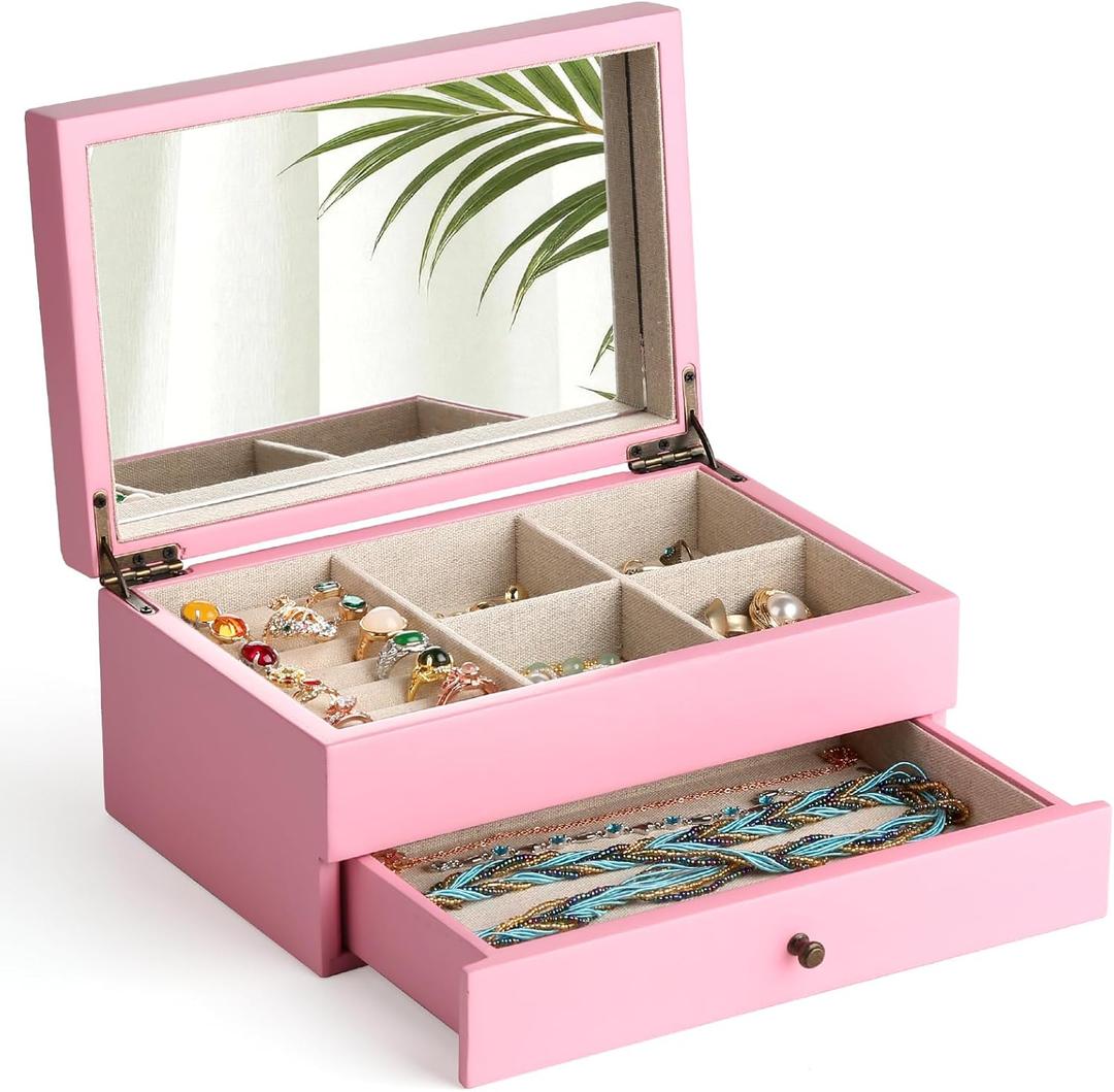 Meangood Jewelry Box Organizer for Women, 2 Layer Large Jewelry Storage Case, Rustic Wooden Jewelry Box with Mirror & Ring Tray for Necklace Earring Bracelets Rings, Vintage Style (Pink)