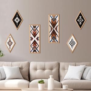 She Love Large Western Aztec Wall Decor 6Pcs, Thicker Wooden Double Layer Boho Geometric Tribal Wall Art Southwestern Rustic Country Farmhouse Home Decor for Living Room Bedroom Kitchen Bathroom