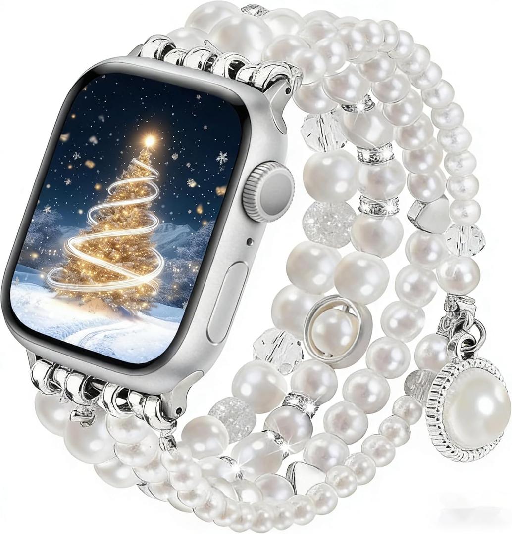 V-MORO Compatible with Apple Watch Band Pearl Series 11/10/9/8/7 45mm/46mm/44mm/42mm Fashion Beaded Elastic Bracelet Bling Jewelry Strap for iwatch SE Series 6/5/4/3/2/1 Pure White,for 5.5"-6.2" Wrist