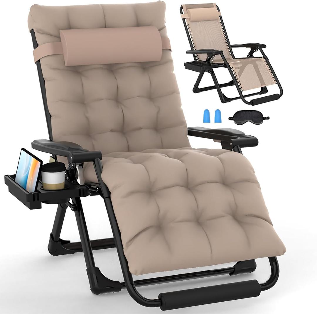 Slendor Oversized Zero Gravity Chairs XL, Zero Gravity Lounge Chair, 29inch Large Anti Gravity Chair, Folding Reclining Chair w/Aluminum Alloy Lock, Pillow, Cup Holder, Support 440lbs, Beige, 69 inches x 29 inches x 45 inches