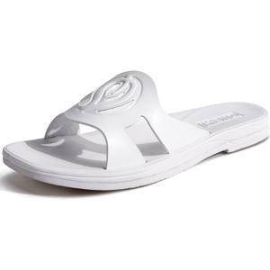 ONCAI Slides for Womens,Flat Dressy Square Toe Summer Beach Sandals for Woman with Comfortable Non-slip Rubber Soles Size 6-11 (10, Fashion White)