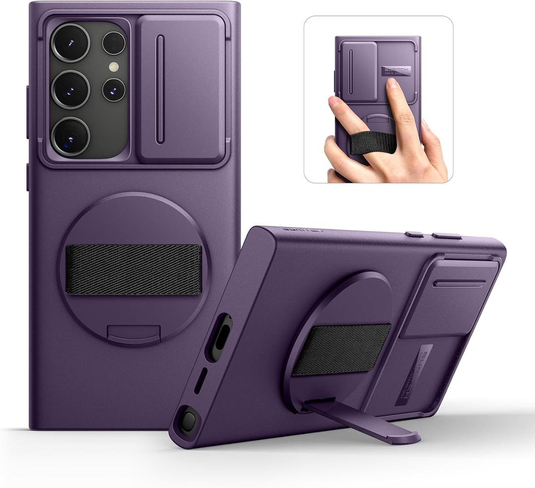 SURITCH for Samsung Galaxy S24 Ultra Case with 360 Rotatable Hand Strap Phone Grip & Invisible Kickstand & Slide Camera Cover, Rugged Shockproof Protective Cover for S24 Ultra -Dark Purple