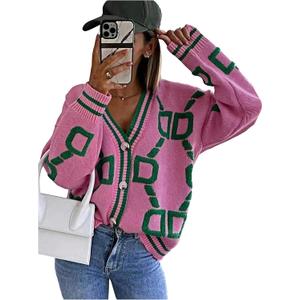 Milumia Women's Letter Print Button Up Knit Cardigan V Neck Long Sleeve Sweater Jackets Pink Medium