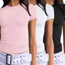 AUTOMET Womens 3 Piece Short Sleeve Shirts Basic Going Out Slim Fitted Crop Tops 2025 Summer Y2k Clothes (Small, Black,white,pink)