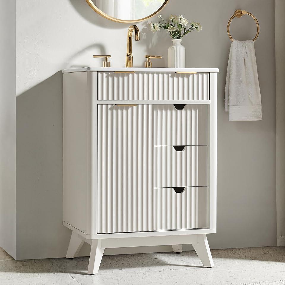 24" Fluted Bathroom Vanity with Ceramic Sink Combo, White | Freestanding Small Modern Bathroom Storage Vanity Cabinet with Sliding Door & 3 Drawer, Wood Grain Texture, Metal Handle