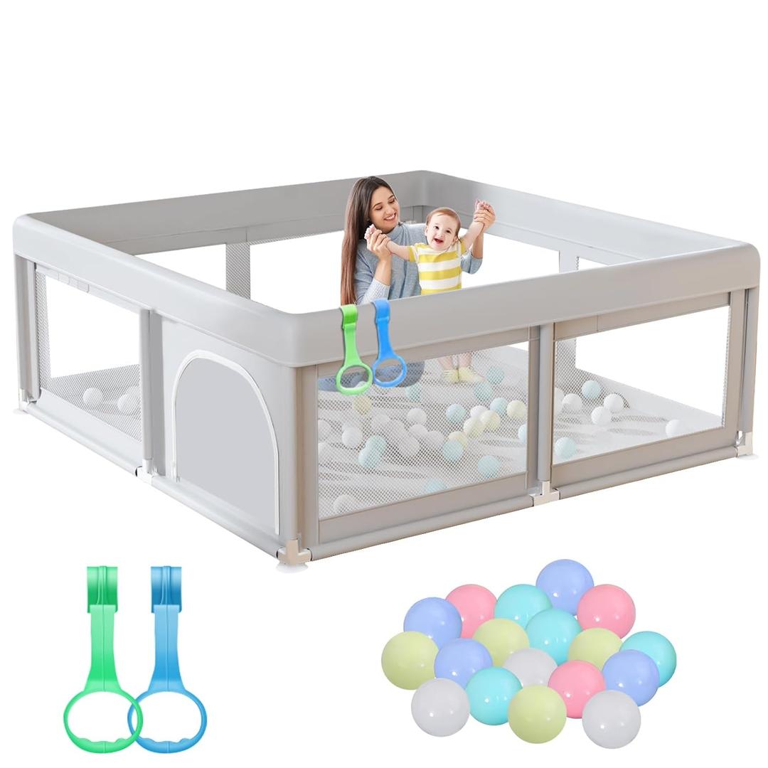 50 x 50 inch Baby Playpen with Ocean Balls and Pull Rings, Playpen for Babies and Toddlers, Baby Fence Playards, Safe Structure and Soft, Skin-Friendly Fabric with Zipper Gates, Grey + Balls, 50"x50"
