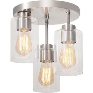 Semi Flush Mount Ceiling Light 3-Light Brushed Nickel Flush Mount Ceiling Light Fixtures with Clear Glass Shade, Modern Kitchen Ceiling Light for Bedroom Stairs Porch Hallway Entryway