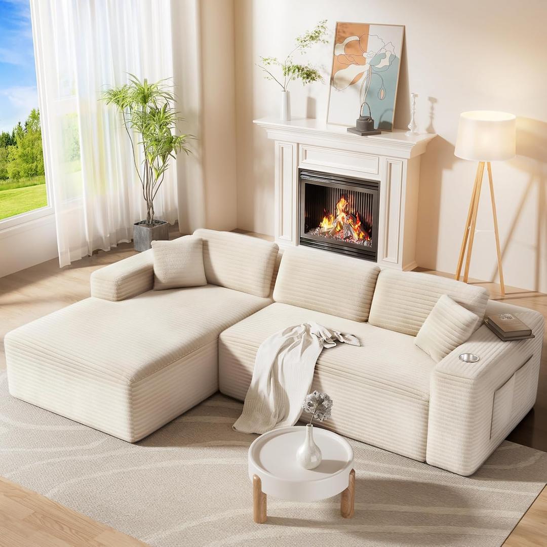 CAMMOO 108" L-Shaped Boneless Sectional Sofa, Cloud Couch in One Box | No Assembly Deep Seat, 4-Seater Sofa for Living Room, Storage Pockets, Plush Corduroy, Left-Facing Chaise, Beige