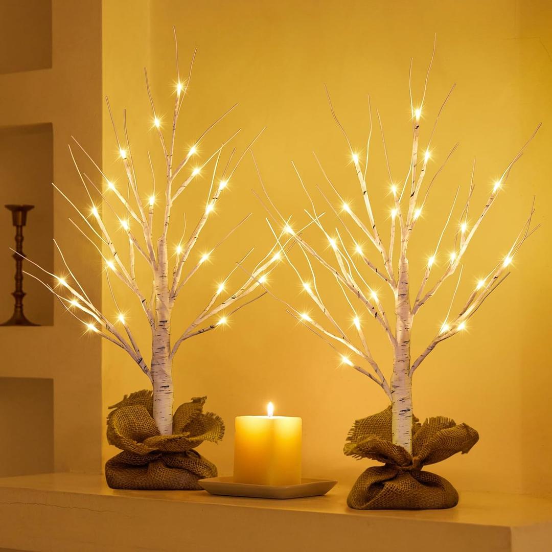 Lighted Birch Tree Christmas Decorations, 2Pack 2FT USB Rechargeable Tabletop Tree with LED Lights, Pre-Lit Artificial Mini Money Trees for Home Centerpiece Fireplace Party Decor(Timer) (Rechargeable 24in x 2pcs)