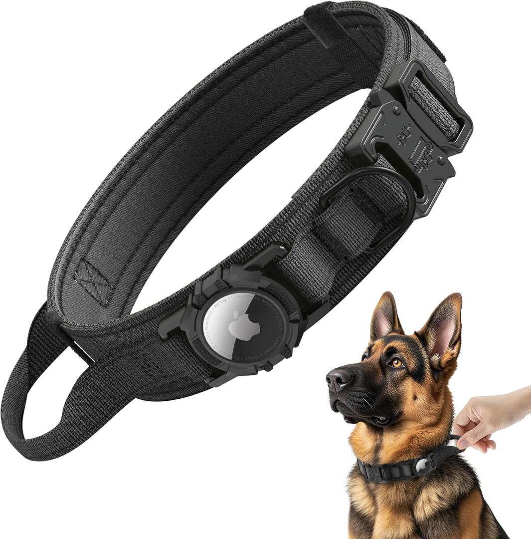 Tactical AirTag Dog Collar - Heavy Duty, Adjustable GPS Collar Compatible with Apple AirTag, with Holder & Control Handle for Medium/Large Dogs [ Black, XL ] (XL(19.5"-25"))