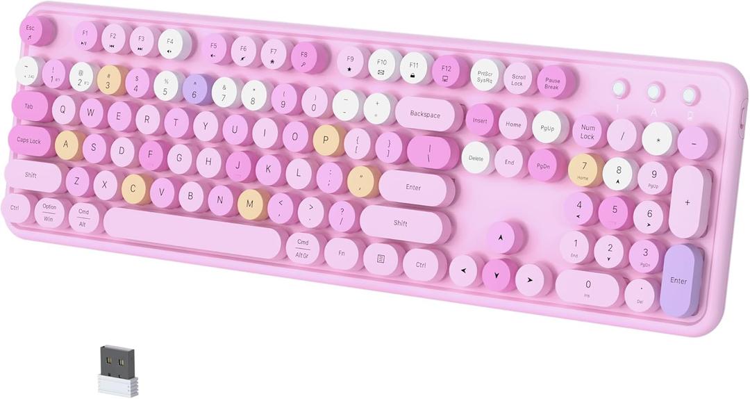 Colorful Wireless Bluetooth Keyboard, 2.4G & Dual Bluetooth Multi-Device, Typewriter Retro Round Keycaps 104 Keys Full-Size for PC Laptop Tablet Phone (Pink-Colorful)