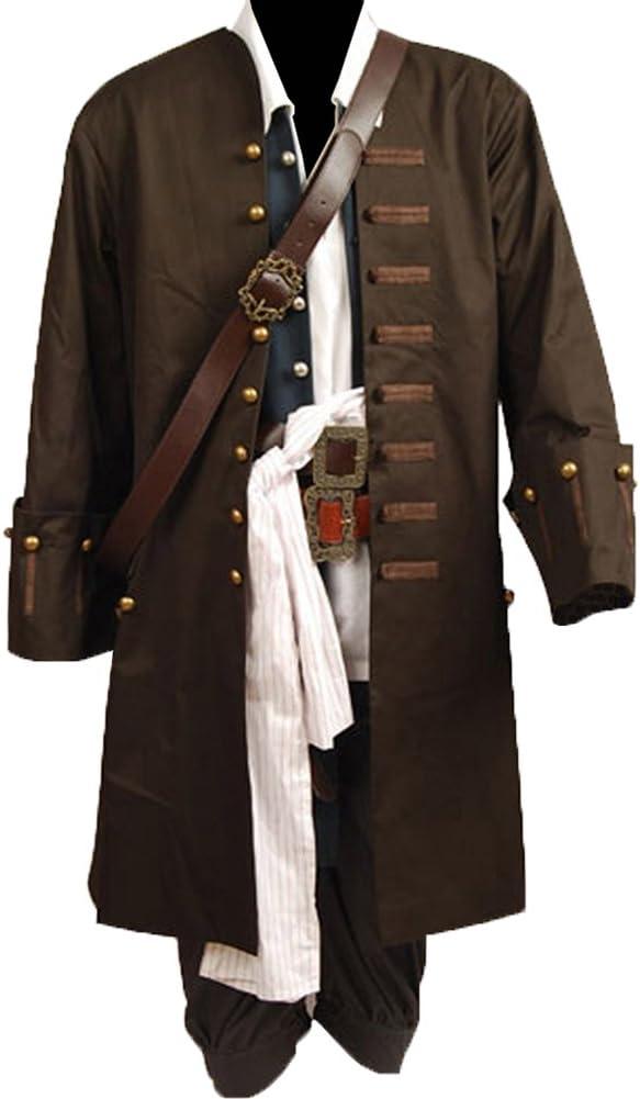 Mens Pirates Cosplay Costume Pirate Jack Outfit Coat Belt Cosplay Props Halloween (Large, Brown)