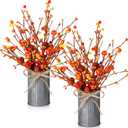 Mimorou 2 Set Fall Thanksgiving Table Centerpiece Decoration Artificial Autumn Flowers with Vintage Vase 6 Pcs Pumpkin Berry Picks 2 Pcs Metal Vases for Thanksgiving Harvest Indoor Outdoor Home