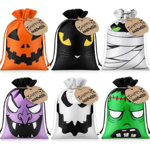 Yerliker 24 Pcs Halloween Burlap Treat Bags with Pumpkin Cards and Drawstring 7 x 5 Inch Halloween Linen Jute Bag Trick or Treat Burlap Candy Pouches for Party Favor (Quirky Style)
