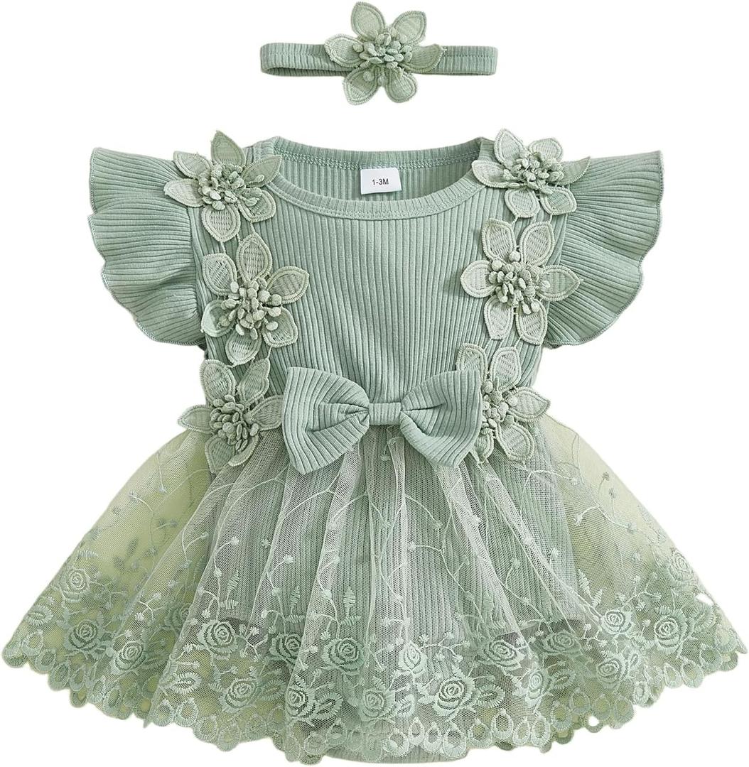 Douhoow Baby Girl Romper Dress Baby Dress Romper Flowers Lace Infant Girl Spring Summer Clothes with Headband, 0-3M