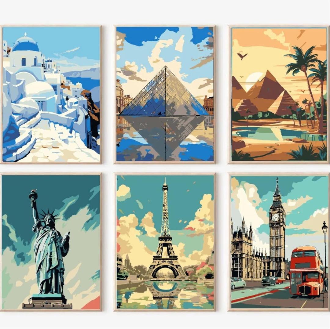 Lofenghome Paint by Number Kits for Adults, DIY Canvas Adults Craft Art Projects, World Landmarks Collection 6-Pack Famous Architecture Scenes for Adult Crafts
