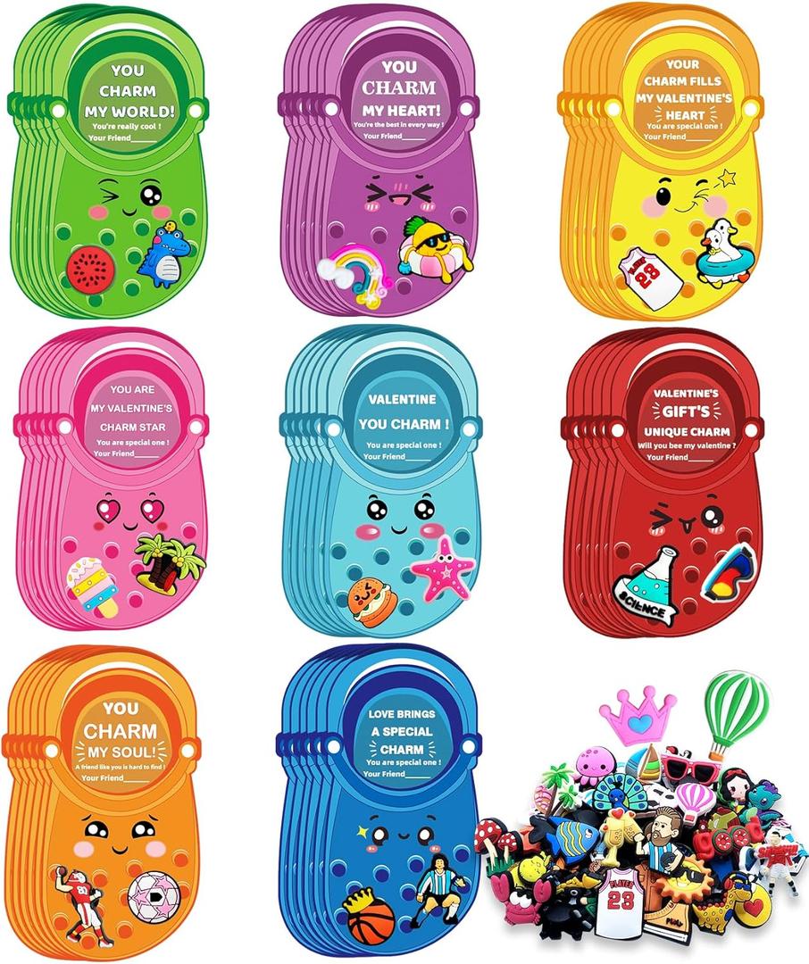Valentines Day Cards for Kids School Classroom, 48 pcs Valentine's Cards with 96 Shoe Charms for kids boys girls,Valentine Exchange Gift Party Favors