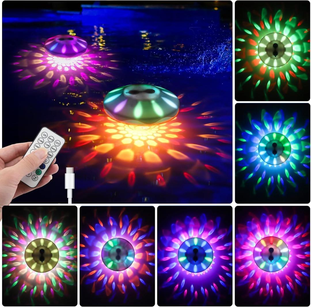 QOLNBY Floating Pool Lights(2 Pack), IP68 Waterproof Pool Lights, Rechargeable RGB Upper and Lower Color Changing Pool Lights with 6 Dynamic Lighting Effects, Floating Light for Pond Gardens,Party
