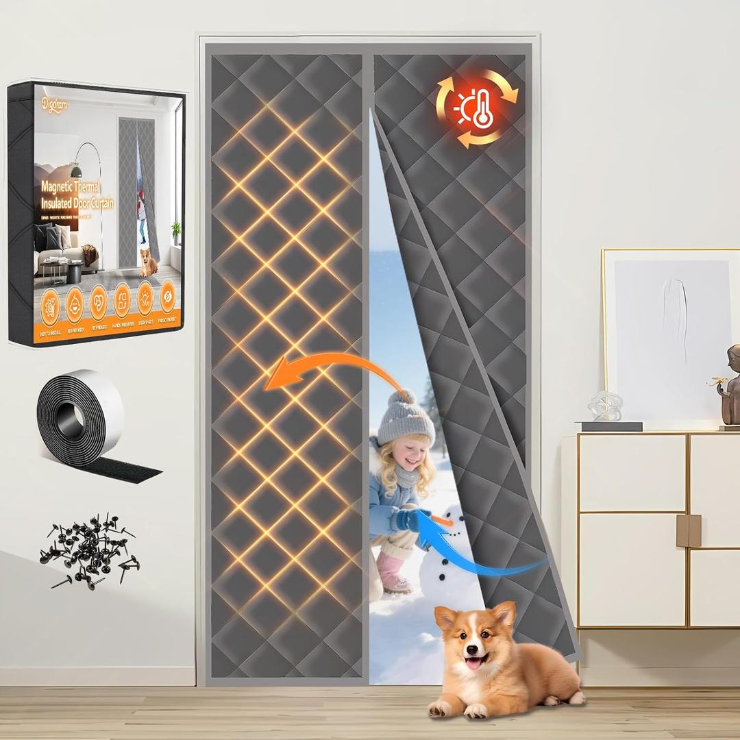 Magnetic Thermal Insulated Door Curtain (Fits Door Size 36" x 82") - Heavy Duty Oxford Soundproof Door Cover, Automatic Close Hands-Free Privacy Screen for Winter, Pet Friendly Draft Stopper (Gray)