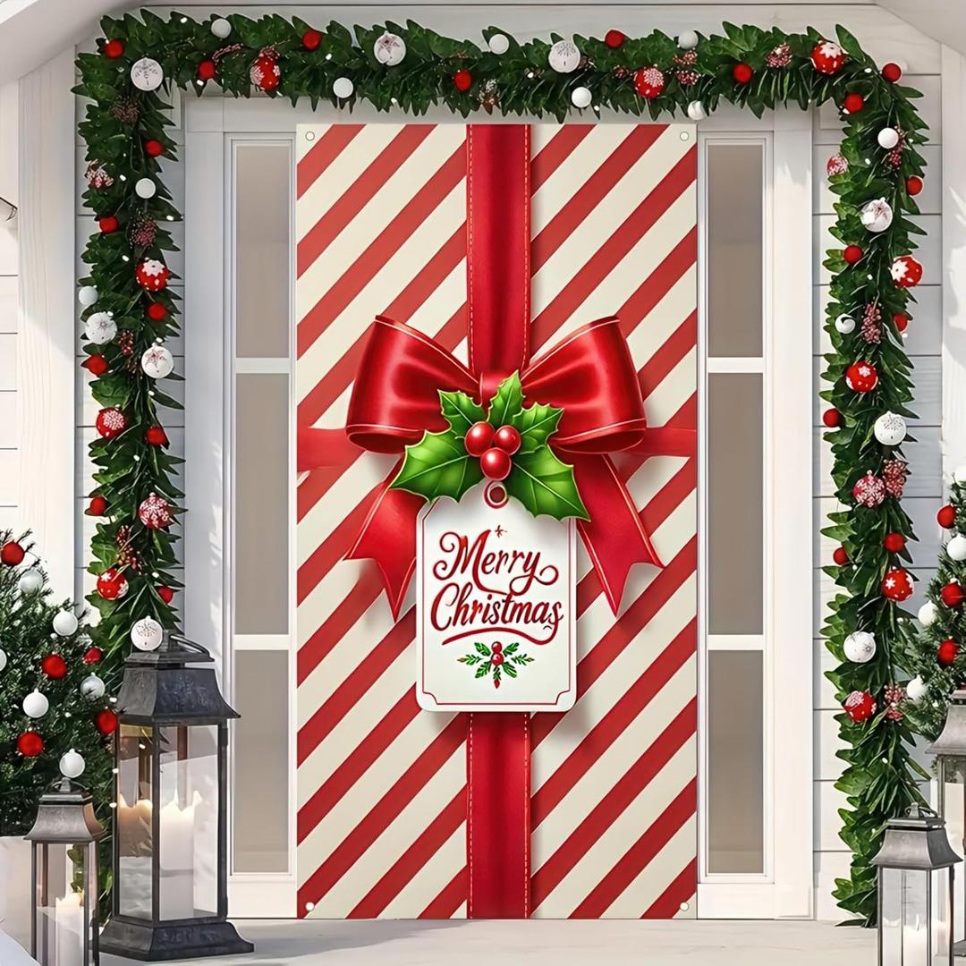 Christmas Door Cover 71x35 Inch Red White Gift Box Bow Door Banner, Candy Stripe Holiday Decoration for Front Door, Indoor Outdoor Winter Party Backdrop, Merry Christmas Door Hanging Decor