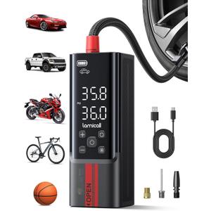 Lamicall Portable Car Tire Inflator - Air Compressor [150 PSI] [4X Faster] Cordless Car Air Pump Rechargeable, Pressure Gauge Display, LED Light, for Cars, Motorcycles, Bike, Wheels Accessories Gifts (19.7" Hose)