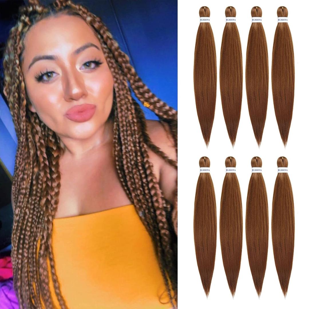 Pre-stretched Braiding Hair - 28 Inch 8 Packs Brown Super Long Braiding Hair For Twist or Box Braids, Yaki Texture Hot Water Setting Synthetic Braiding Hair Extensions (28 Inch, #30-8P)