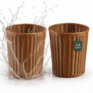 2 Pack Wicker Trash Can, 3.8 Gallon Wicker Wastebasket Set, PP Rattan Trash Basket, Woven Bathroom Trash Can for Bathroom Bedroom Office, Waterproof Decorative Waste Basket, Boho Farmhouse Decor