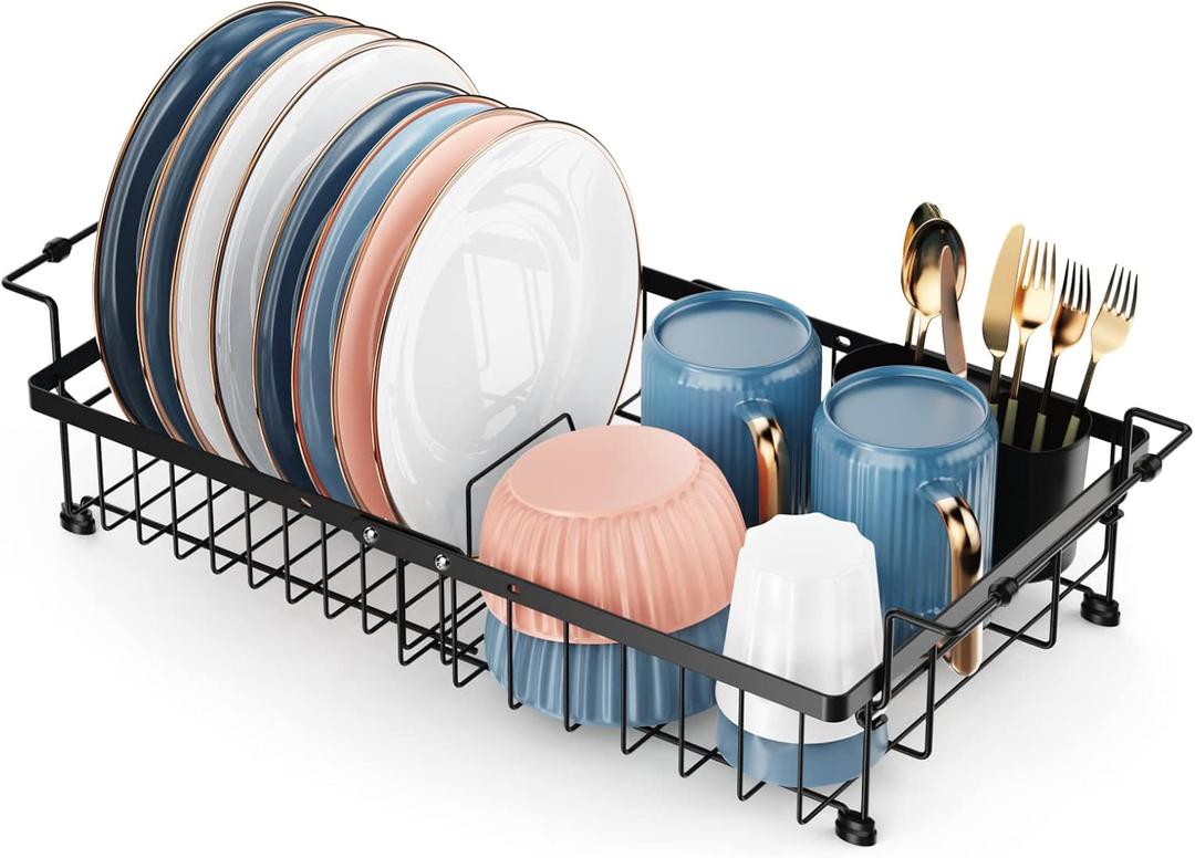 iSPECLE Dish Drying Rack - 3 Sizes Adjustable Large Dish Rack (16.9'',18.7'',20.4'') - Over Sink Drying Rack with Cutlery Holder, in Sink or on Counter Dish Drainer, Metal, Black (Only fit>17.5" Sink)