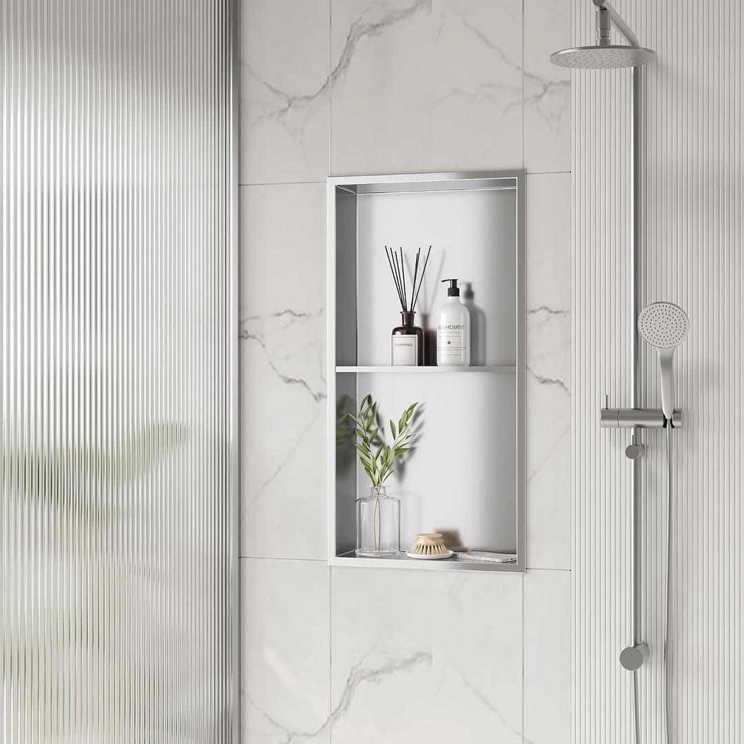 Neodrain No Tile Shower Niche, Stainless Steel Wall Niche 13.1"X25.1"(Inner Size 12"X24"), Two-Tier Bathroom Shelf Waterproof Cubby, NO Tile Needed Recessed Cabinet for Bathroom Storage, 12X24In