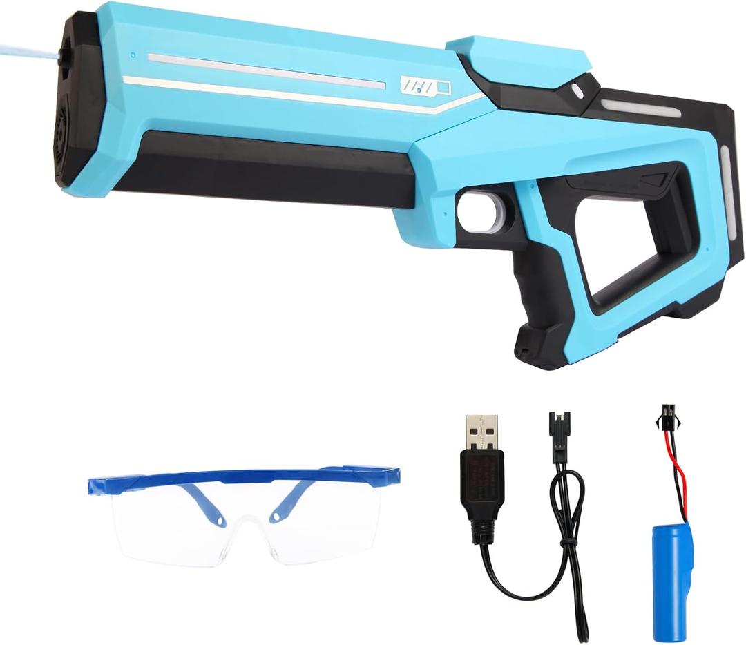 Electric Auto-Suction Water Gun - 32FT Long Range Spray, IP7 Waterproof Rating, Rechargeable Battery, Compatible with Standard Soda Bottles for Outdoor Activities & Pool Games (Blue)