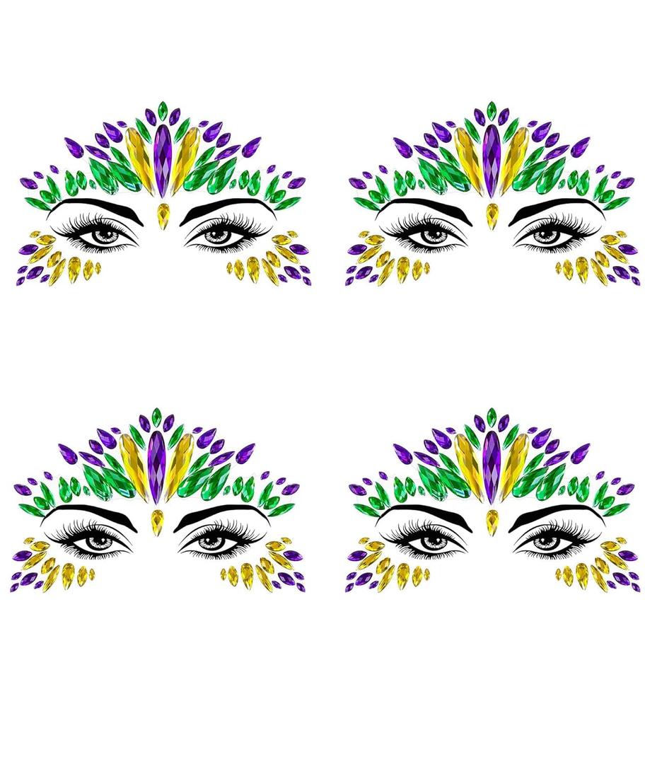 Wehhbtye 4 Set Mardi Gras Face Jewels Stickers, Self-Adhesive Mardi Gras Eye Gems Sticker, Glitter Face Crystals Decoration for Women Party Costume Cosplay Makeup Dress-up Decor