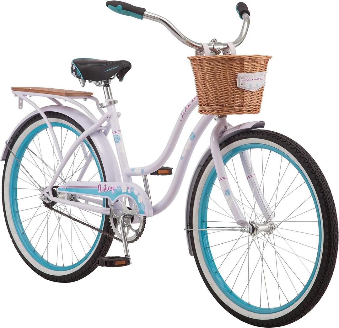Schwinn Destiny Beach Cruiser Bike for Men Women, Ages 8 Up or Rider Height 4'8" to 5'6", 24-Inch Wheels, Single Speed, Rear Cargo Rack, Purple