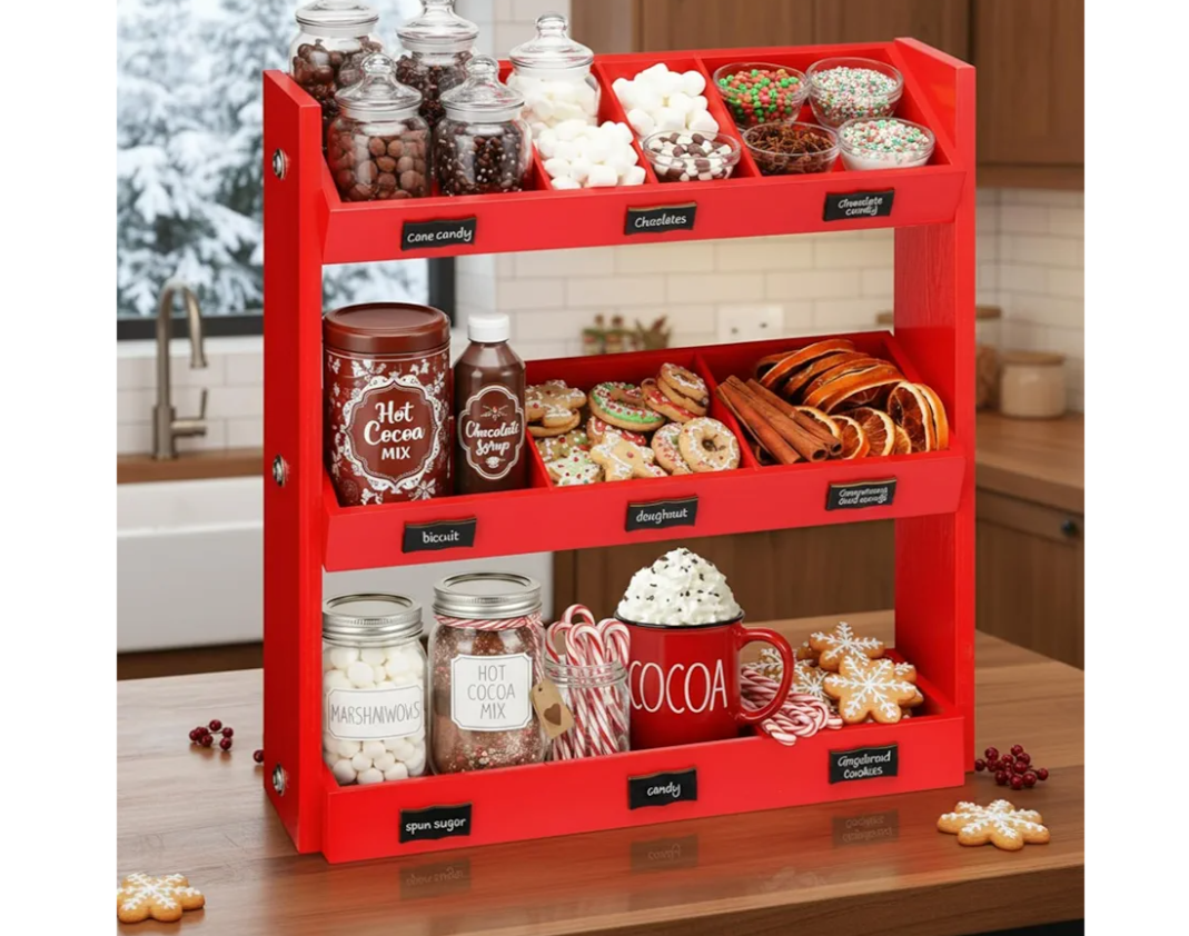 Thyle Christmas Hot Cocoa Bar Wood Storage Box with 9 Compartment 3 Tier Hot Chocolate Bar Supplies Organizer Vintage Accessories for Home Xmas Holiday Gift Party Decor
