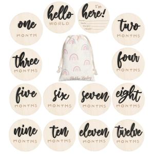 7 Pack 3D Baby Monthly Milestone Card Signs Baby Announcement Sign Double Sided Hello World Newborn Signs Wooden Circles Discs for Welcome Newborn Boy Girl Photo Props(Black,Letter)