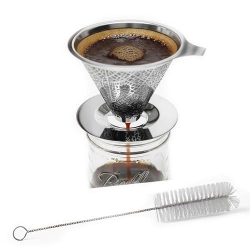 Reusable Stainless Steel Pour Over Drip Coffee Filter for Mason Jars,Fits Wide Mouth & Regular Jars, Manual Brew Coffee Dripper,No Paper Filters Needed,Rustproof,Dishwasher Safe