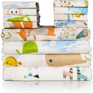 Omilion Baby Swaddle Blanket and Washcloths Set,12 Pieces Muslin Cotton Baby Swaddle Wrap and Wash Cloths Unisex for Boys and Girls, 4 Pack for 40 x 40 Inches and 8 Pack for 8 x 10 Inches (Animal Friends)