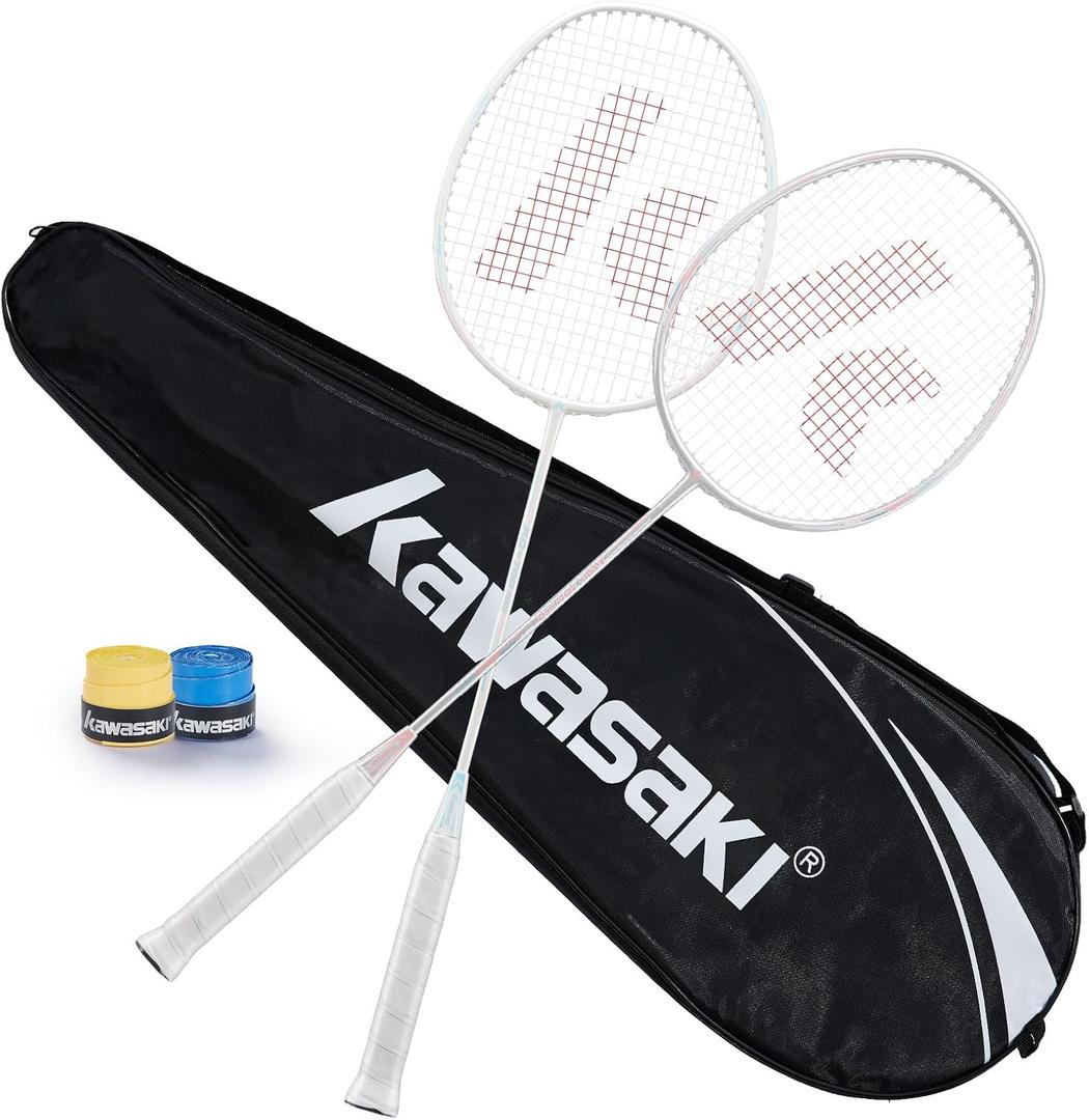 Badminton Rackets Set of 2 for Training, Sport, Including 2 Kawasaki Badminton Racket, 3 Badminton Birdies Feather,1 Badminton Bag Large (Yellow Green/White Red), Standard