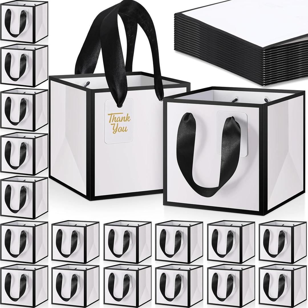Kolldenn 50 Pcs Small Gift Bags with Handles Metallic Paper Square Wedding Favor Bags Bulk with DIY Blank Thank You Tags for Birthday Bridal Shower Thank You Party Favor (6 x 6 x 6 Inches,White)