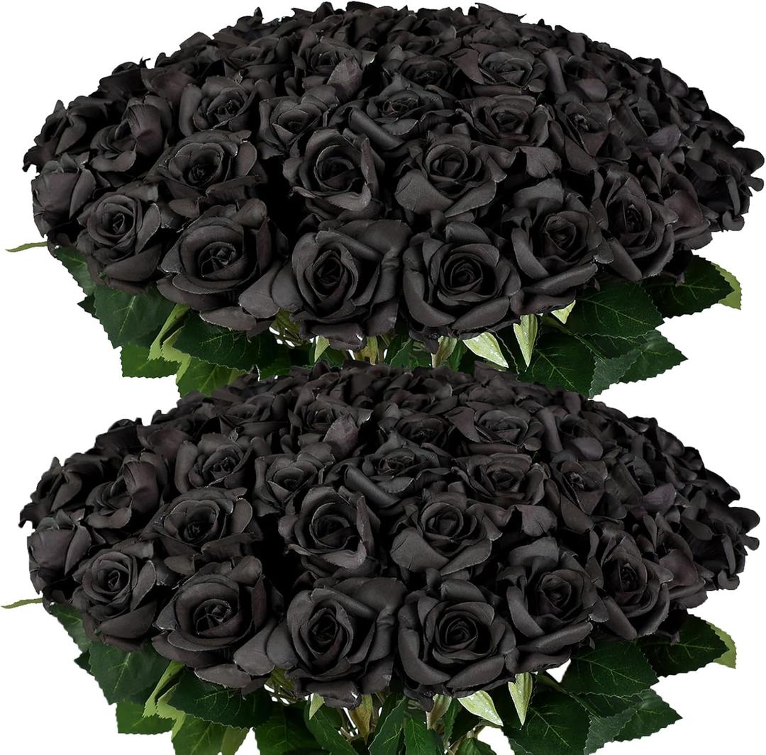 FOTEEWL 60 Pcs Artificial Rose Flower Realistic Faux Silk Roses Stem Fake Roses Bouquet for Flower Arrangement, Wedding Centerpieces, Party, Home Decor, Halloween Decorations (Black)