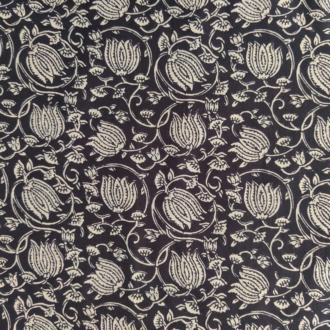AVKA Studio Hand Block Print Fabric by The Yard - PRECUT 5 Yards 42 Inch Width - 100% Cotton Material - Black and Cream Floral Pattern - Light Weight Indian Cloth for Making Summer Dress Tops Project