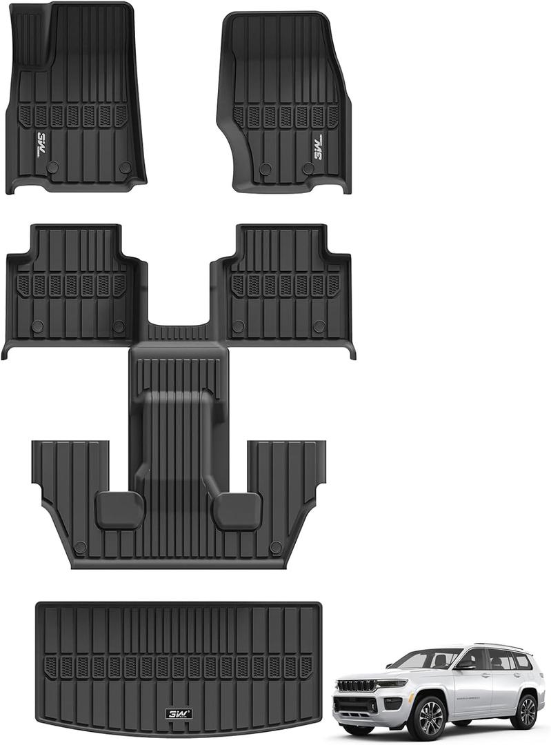 3W Floor Mats & Cargo Liner Fit for Jeep Grand Cherokee L 2021-2025 All Weather TPE Custom Fit Floor Liner for 1-3 Rows and Trunk (ONLY for 6-Passenger Without Center Console) Full Set Car Mats Black
