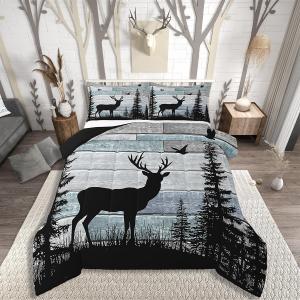 Western Bedding Set for Men Women,Rustic Deer Comforter Sets for Boys Teens Kids,Cabin Farmhouse Hunting Quilt King Size,Pine Trees Rustic Striped Down Comforter Set Wildlife Animal Print Duevt Insert