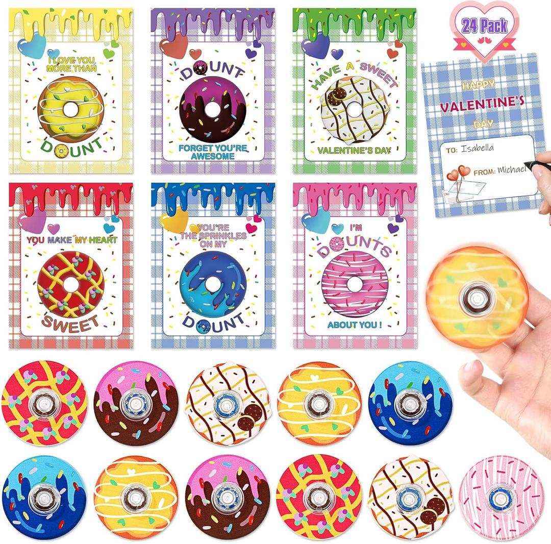 24 Pack Valentines Day Cards for Kids, Donut Fidget Spinner Toy with Greeting Cards, Valentine's Day Gifts for Kids, Valentine Kids Party Favor, School Classroom Exchange Prizes for Boys Girls
