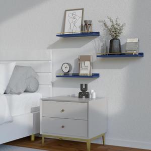 WOPITUES Floating Shelves with Gold Metal Guardrail, Shelves for Wall Decor Set of 3, Wall Shelves for Bedroom, Bathroom, Kitchen, Living Room, Plants, Picture Frames, Art Gold in Navy Blue