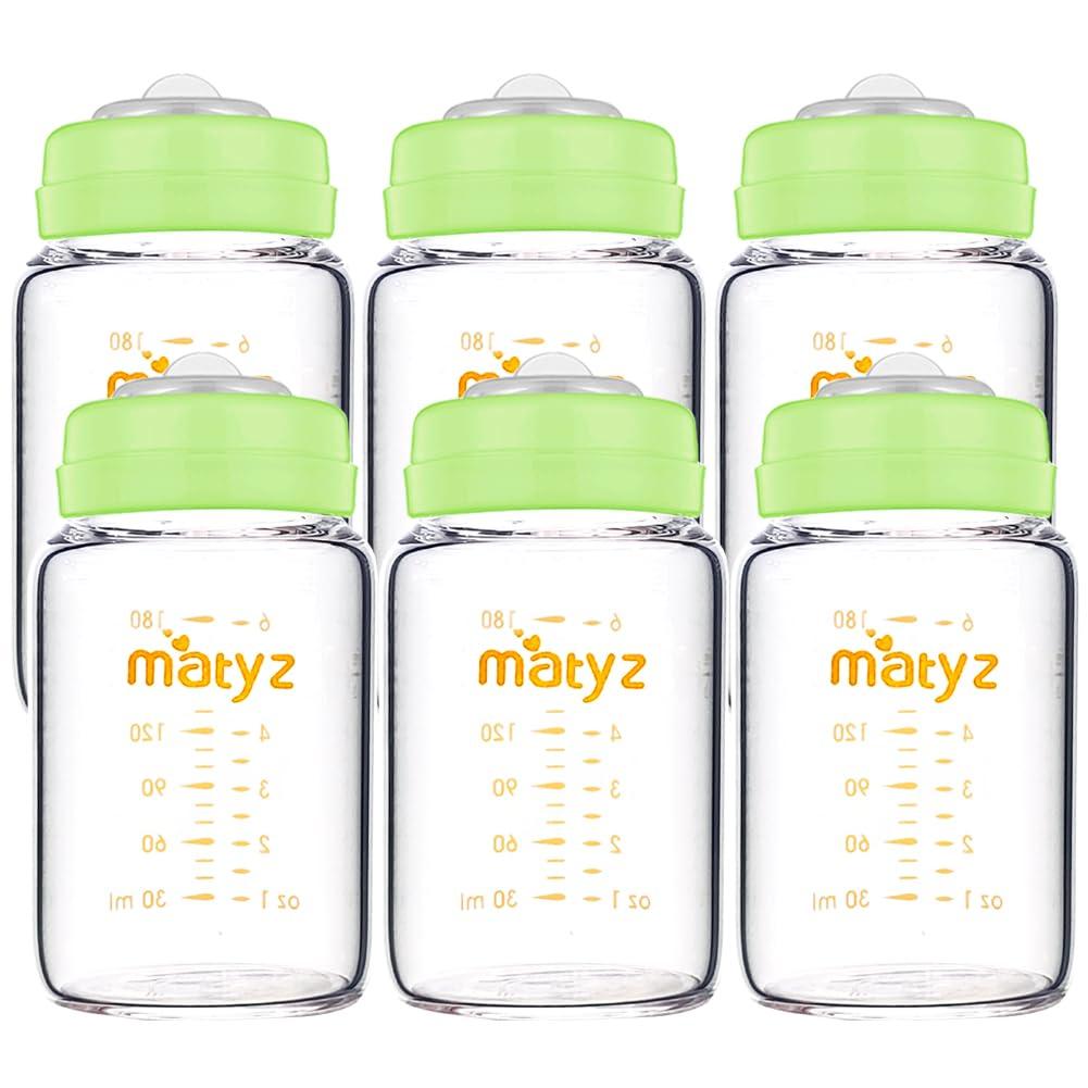 Matyz Glass Breastmilk Storage Bottles, 6 Pack, 6 oz, Compatible with Spectra Medela Breast Pump - Store, Freeze, Warm Up Milk Well - Wide Mouth Breastmilk Storage Containers - No BPA (Green Lids)