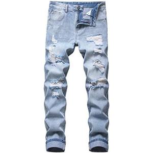QIMYUM Mens Ripped Jeans, Distressed Destroyed Slim Fit Straight Leg Denim Pants Size:32