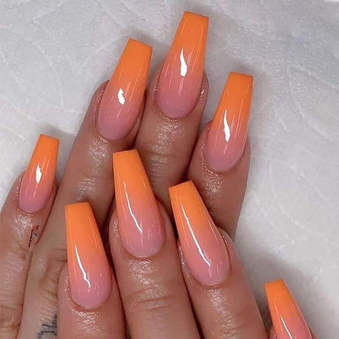 French Press on Nails Long Coffin Fake Nails Full Cover False Nails with gradient Design Acrylic Nails for Women and Girls 24Pcs (orange)