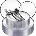 EI 150pcs Clear and Black Plastic Plates Dinnerware Disposable Party Set for 30Guests,Dinnerware Include 60 Clear Plates Disposable 90 Black Silverware,Perfect for Party,Business Events,Hotel
