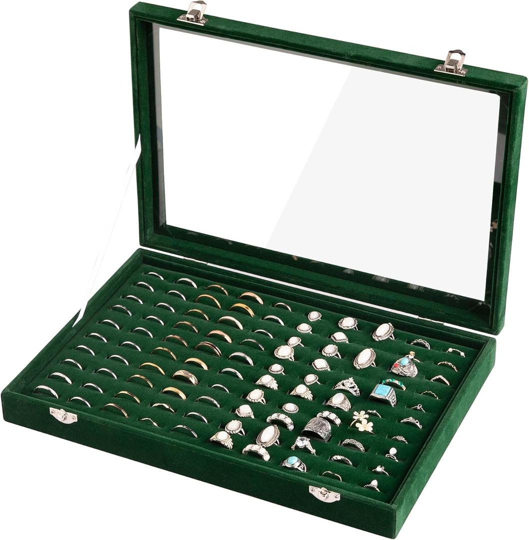 Frebeauty Ring Organizer Tray 100 Slots Ring Holder with Clear Lid Velvet Storage Box Jewelry Tray for Jewelry Store Earring Display Case for Jewelry Show Studs Box for Women(Blackish Green)