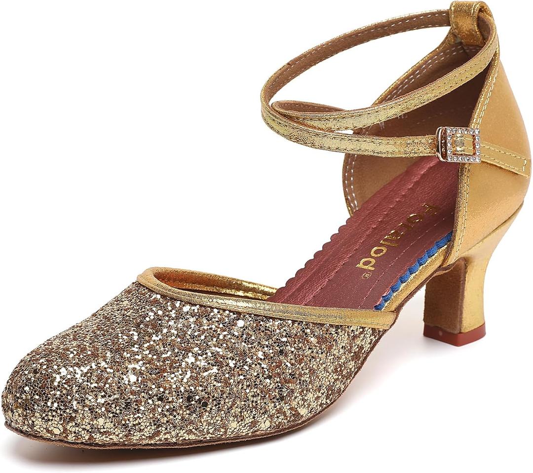 Character Shoes for Women, Woman Ballroom Dance Shoes, 1920s Flapper Shoes, Latin, Salsa, Party Dress Shoes Low Heels, Ankle Strap Pumps (7.5, Golden)